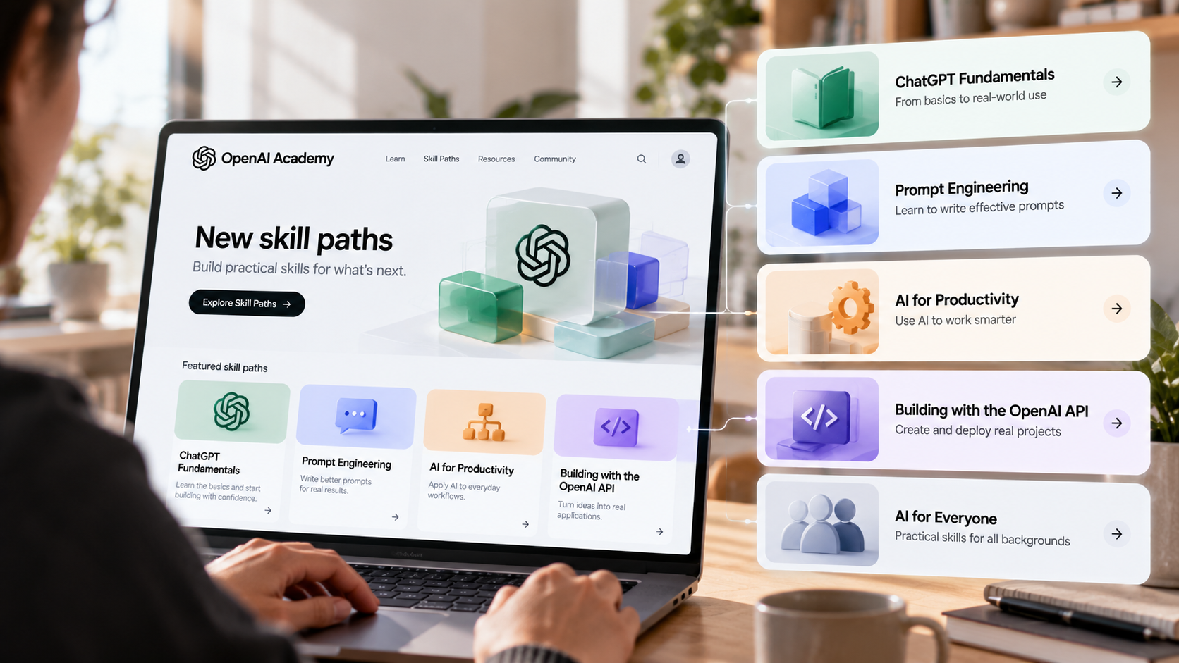 English: OpenAI Academy introducing new AI skill paths.