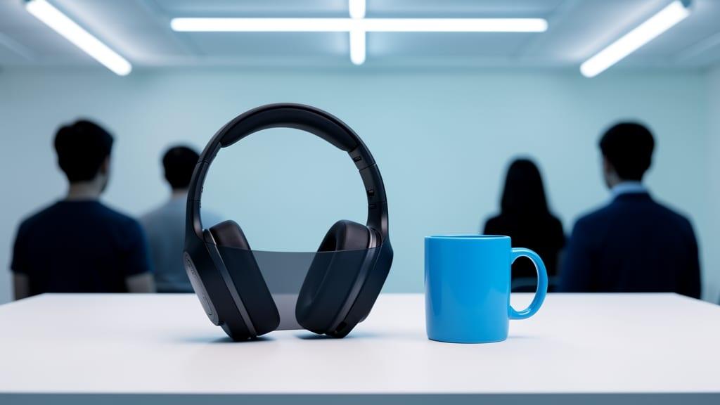 A professional headset with a dark visor and a bright blue ceramic mug sit on a clean studio tabletop