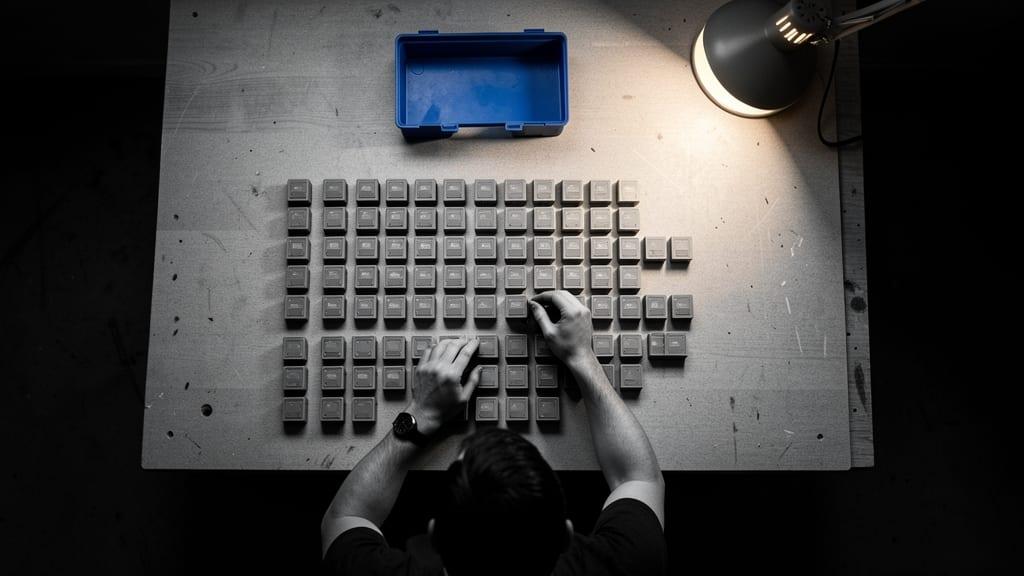 A technician arranges small grey sensor modules in a neat grid on a workbench next to an empty blue toolbox