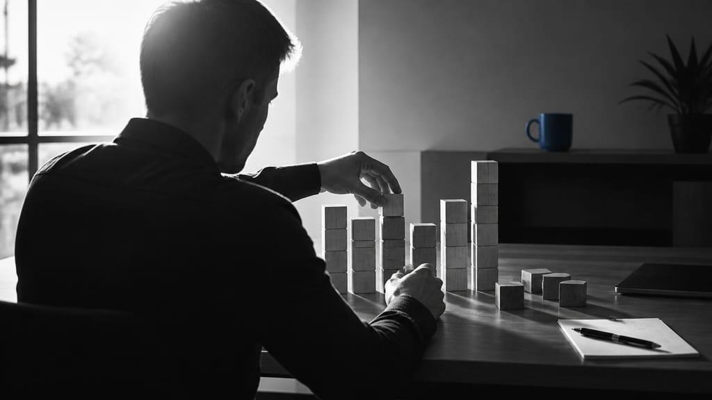 A business analyst sitting at a wooden table arranges blocks representing data metrics into a new chart format